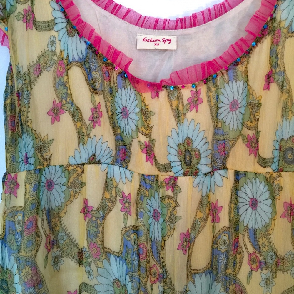 Colorful Floral Dress with Tulle Trim - Picture 2 of 4